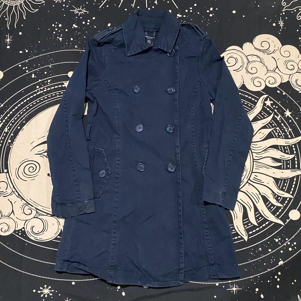 American Eagle Outfitters Trench Coat Women's M Blue Cotton Double-Breasted
